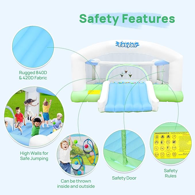 Large Bounce House for Big Kids, 14.8 x 14.5 FT Inflatable Bouncer Jumper Slide with 650W Blower, Basketball Hoop, Throw Ball Game, Ball Pits White