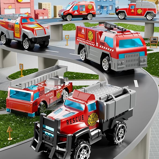 Fire Toys for 3 4 5 6 Years Old Boys Girls Kids, Die Cast Metal Fire Truck Toys W/Play Mat, Rescue Emergency Fire Truck Car Toy, Toddler Car Toy Christmas Birthday Gifts for Boys