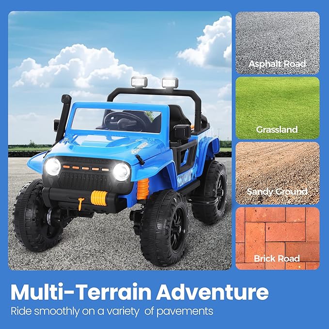 24V 4WD Ride on Jeep for Kids, Electric Ride on Car with Remote Control, LED Lights, Bluetooth Music, Off-Road Power Wheels, Toy Gift for Boys & Girls Ages 3+, Blue
