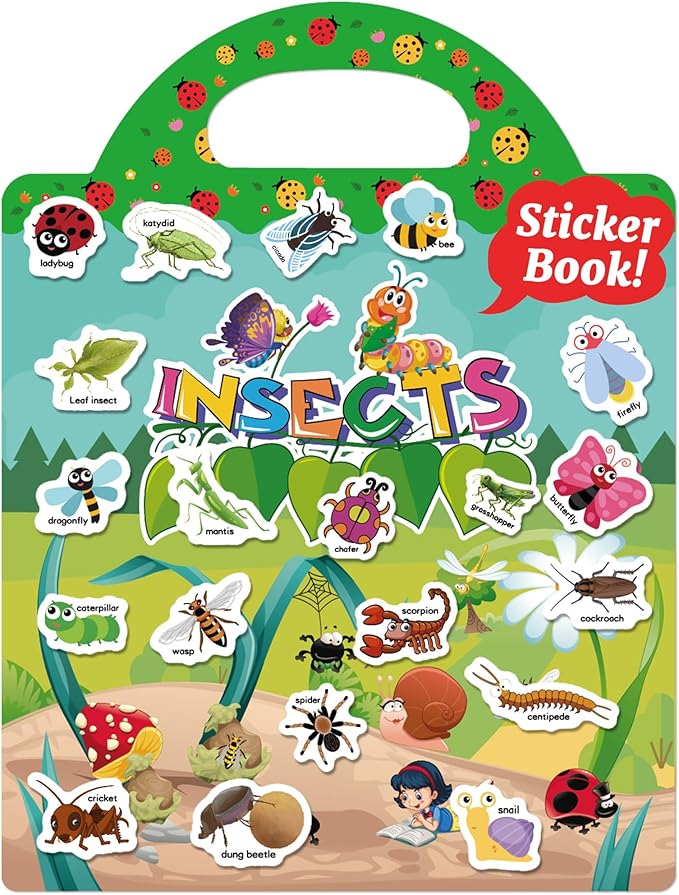 Benresive Reusable Sticker Book for Toddlers 2-4 Years, Fun Travel Stickers for Kids, Waterproof Sticker Books for Toddlers 1-3, Crafts Activities for Toddler 1-3 2-4 3-5 - Insect