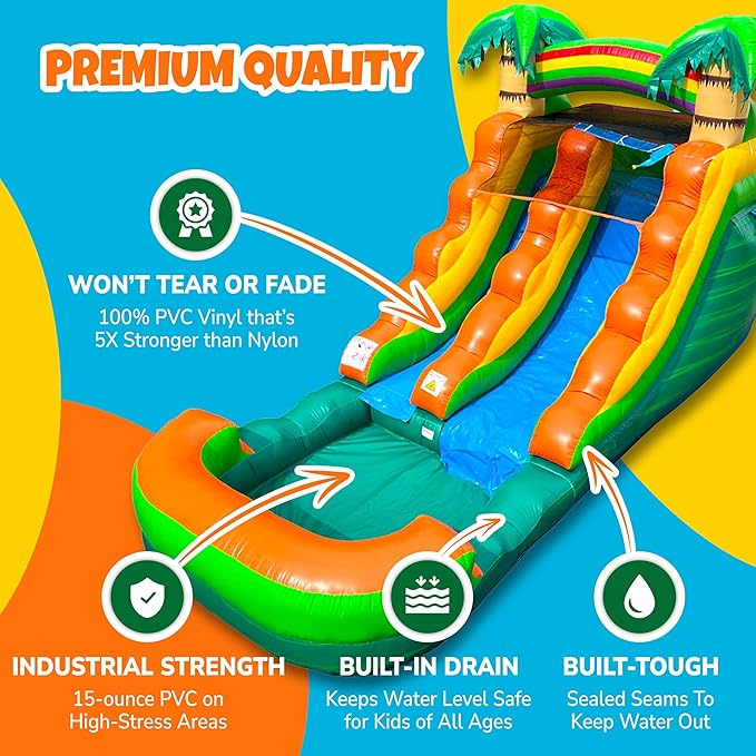 Pogo Bounce House Inflatable Water Slide for Kids & Toddlers with Inflatable Pool, Backyard, Park Commercial Use, Outdoor Water Play, Includes Blower Stakes, Splash Pool & Storage Bag, 21' x 9' - 12'
