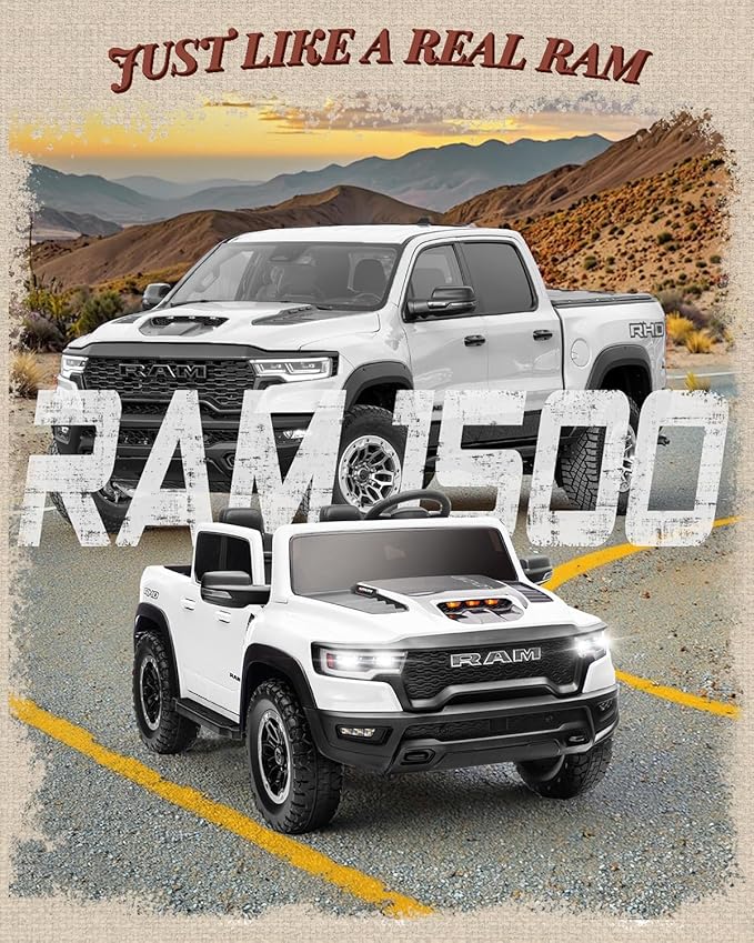 2 Seater Electric Car for Kids, Licensed RAM 1500 RHO 24V Ride on Truck w/Remote Control, Toddler Ride on Toys w/Bluetooth, LED Lights, Spacious Truck Bed, Gear Shifter & Soft Start (White)