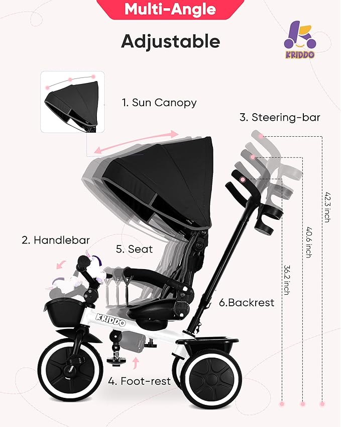 KRIDDO 7-in-1 Tricycle Stroller for Toddlers 18 Months to 5 Years, Adjustable Push Handle, Rotatable Seat, Cup Holder and Retractable Canopy, Folding Baby Trike w/Detachable Guardrail, Footrest, WH
