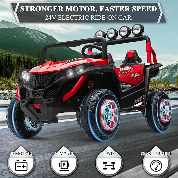 OTTARO 2 Seater Ride on Car Truck,24V Electric Vehicle Car for Kids 3-8 Years,200W Motors,4 Shock Absorbers, Music Play,Bright Light, Remote Control(Red)