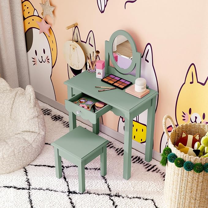 HLR Kids Vanity,Little Girls Vanity Set with Mirror and Stool,Wooden 2 in 1 Princess Makeup Desk Dressing Table with Detachable Top, Toddler Vanity Dresser Set with Drawer for Little Girls,Green