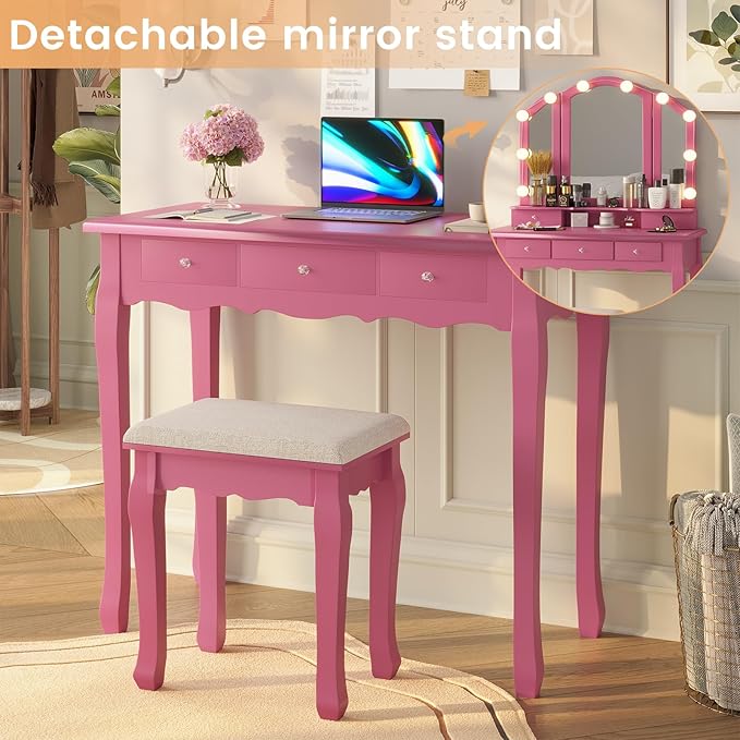 Tiptiper Pink Vanity with Tri-Fold Mirror, 10 Hollywood Lights & Stool, Girls Makeup Vanity Table with 5 Drawers & Jewelry Hooks, 3 Light Settings & Adjustable Brightness, Pink