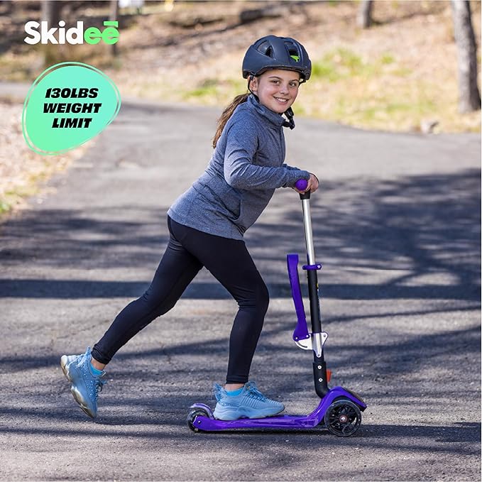 SKIDEE Kick Scooters for Kids Ages 3-5, Adjustable Height Foldable Scooter with Removable Seat, 3 LED Light Wheels, Rear Brake, Wide Standing Board, Suitable Up to 12 Year Old Boys/Girls