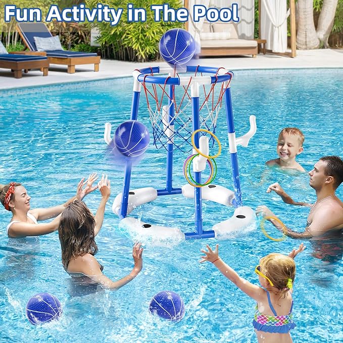 Swimming Pool Basketball Hoop Toy for Kids 2 3 4 5 6 Years Old - Floating Pool Basketball Game Toys with 4 Balls Air-Pump, Outdoor Play, Poolside Summer Water for Boys Girls Age 4-8-12(Blue)