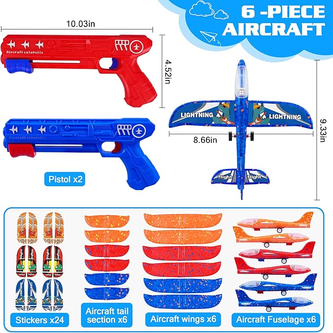6 Pack Airplane Launcher Toys, 2 Flight Modes LED Foam Glider Catapult Plane, Outdoor Flying Toy for Kids, Birthday Gifts for Boy Girl 4 5 6 7 8 9 10 11 12 Year Old, B-Day Party Supplies