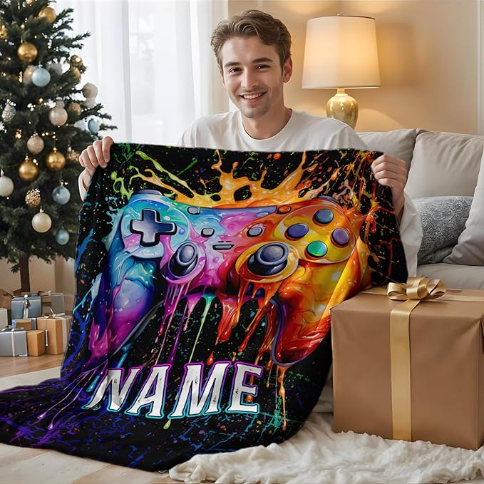Custom Gamer Blankets for Boys - 50x40 Inches Small Gamer Themed Gifts - Black Gaming Flannel Throws Accessories Gifts for Game Lovers Players - Personalized Soft Cozy Plush Blankets for Couch, Sofa