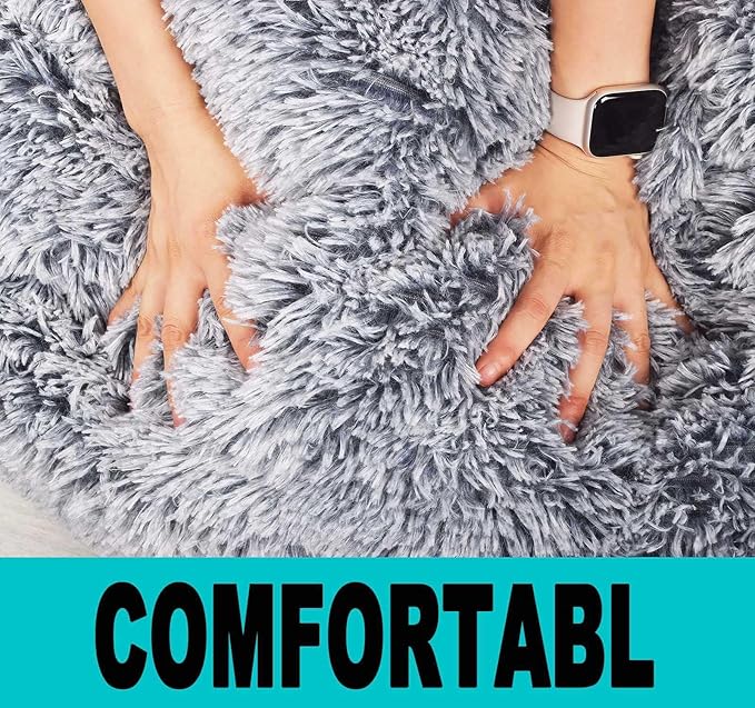 Fluffy Bean Bag Chair, 3FT Round Memory Foam Filled Bean Bag for Teens & Kids, Ultra Soft Faux Fur Fabric Bean Bag Chairs for Playroom, Living Room, Bedroom, Gray