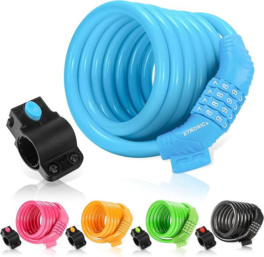 Etronic Bike Lock M6, Cable Lock 6 Feet Long Coiled Security Resettable Combo Combination Lock Bicycle Lock with Mounting Bracket