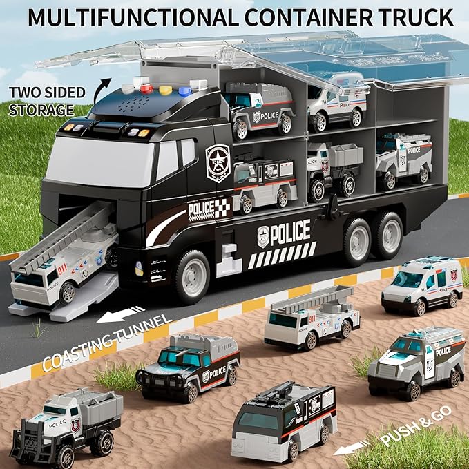 Toddler Boys Toys for 3 4 5 6 Years Old, Police Truck Vehicle Toy Set with Play Mat and Die-Cast Toy Car, Transport Carrier Truck for Kids, Birthday Gifts Toys for 3 4 5 6 7 8+ Year Old Boys