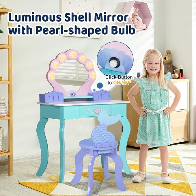 Kids Vanity with Lights, Wooden Princess Vanity for Girls, 2 in 1 Ocean Theme Toddler Dressing Table and Chair Set, Little Girl Makeup Vanity with Mirror for Children Birthday