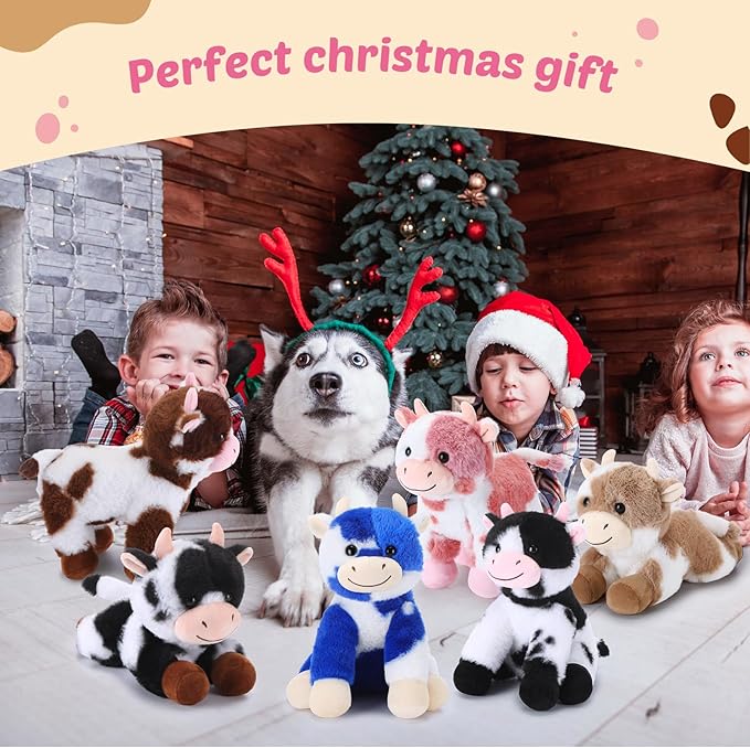 Syhood 6 Pcs Cow Stuffed Animals Set, Stuffed Cow Plush Bulk Gift Animal Plush for Birthday Boys Girls Christmas Party Graduation Kid Toddler Home Decor