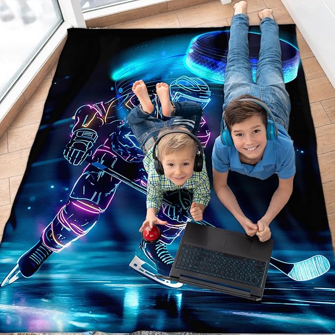 Kids Blanket, Ice Hockey Blankets for Boys 8-12, 50 x 40 Inches Soft Lightweight Throw for Hockey Lovers, Cool Cozy Warm Flannel Throws for Bed Sofa Room Decor, Camping, Travel