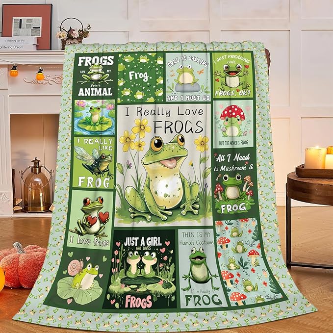 Frog Blanket, Frogs Throw Blanket, Mushroom Gifts Blankets Stuff Fleece Flannel Plush for Women Men Boys Girls Lovers Adults Soft Bedding Gift for Sofa Bed Office Home Decor 50"x40"