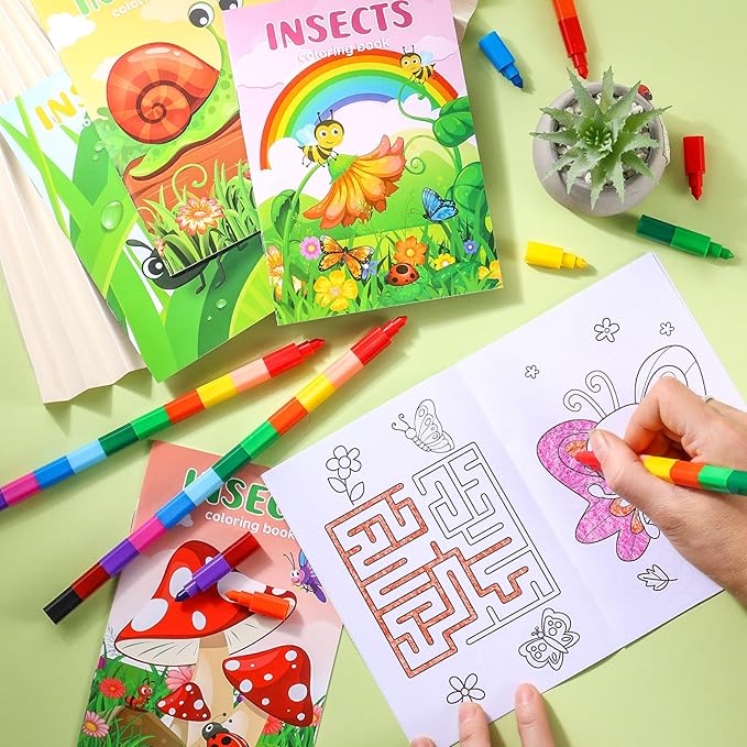 BenLouis 12 Insects Mini Coloring Books Kids with 12 Stacking Crayons Spring Bugs Party Favors Small Activity Books Bulk for Kids Butterfly Bee Party Gift Goodie Bag Stuffers