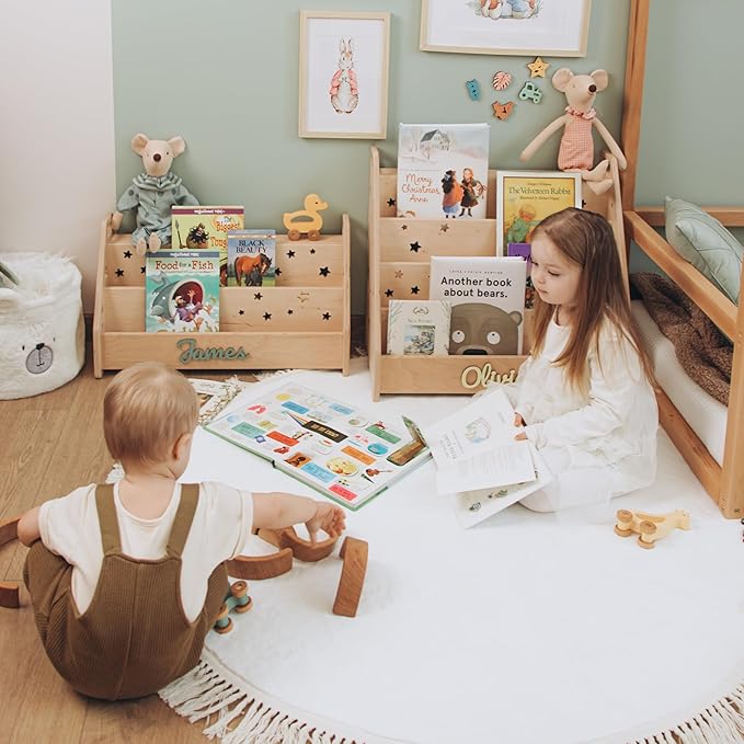 Kids Bookshelf, Furniture for Kids, Personalized Montessori Bookshelf, Open Bookcase for Playroom in Two Sizes, Wooden Shelf with Stars.