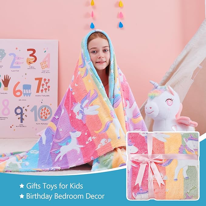 QSTEHEML Unicorns Glow in The Dark Blanket for Girls,Unicorn Gifts for Girls Age 3 4 5 6 7 8 9 10 11 12 Year Old, Soft Unicorns Rainbow Blanket - Christmas Birthday Bedroom Decor 50"×60"