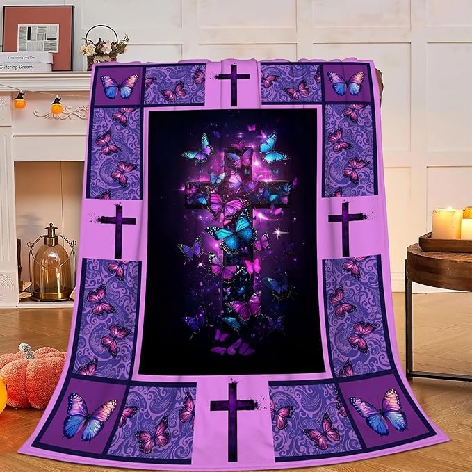 Christian Cross Blanket, Purple Butterfly Throw Blanket, Religious Gifts Blankets Stuff Fleece Flannel Plush for Women Men Boys Girls Lovers Adults Soft Bedding for Sofa Bed Home Decor 60"x50"