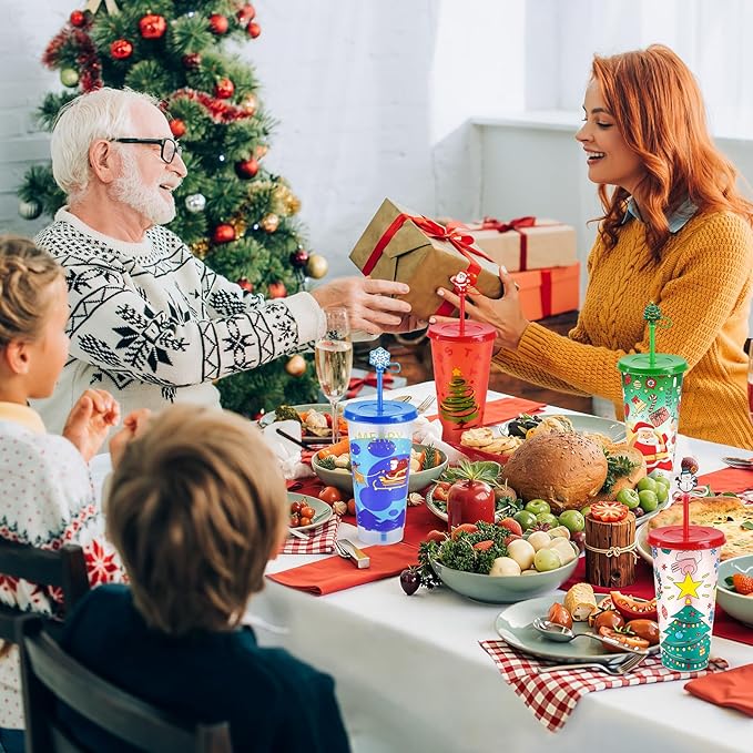 Christmas Color Changing Cups with Lids, Straws & Cute Straw Caps, 24oz PP Reusable Tumblers for Cold Drinks, 4 Pack Holiday Gift for Kids, Teens & Adults