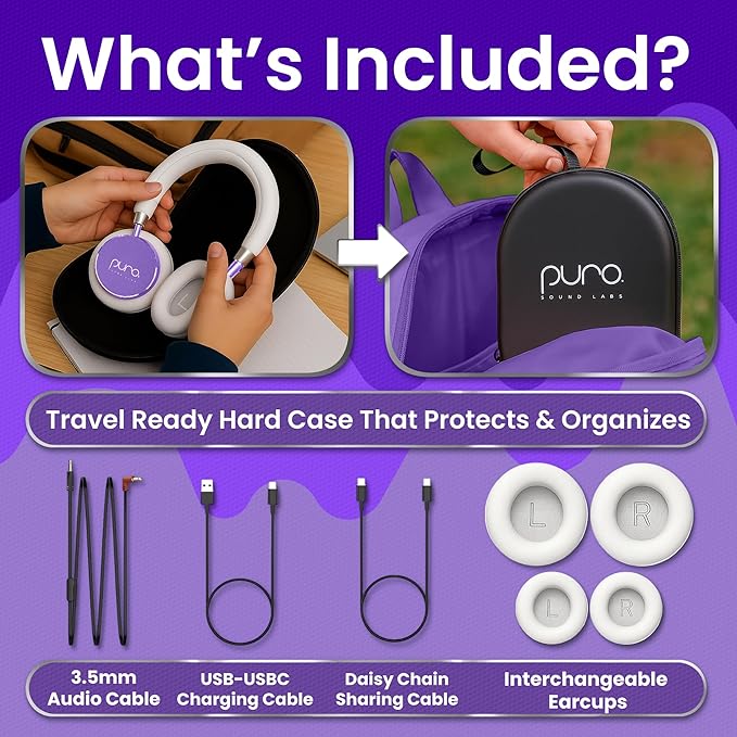 Puro Sound Labs Kids Wireless Headphones – Volume-Limiting 85dB, Built-in Mic, Studio-Grade Sound, 20-Hour Battery Life, Comfortable & Easy to Connect Kids Bluetooth Headphones – BT2200 Plus, Purple