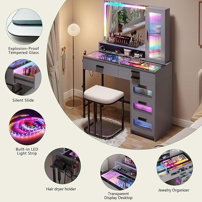 HENBC Vanity with Mirror and LED Lights, Glass Top Vanity Desk with Charging Station(Wireless+USB+Type-C), RGB Makeup Table Set with Stool/Makeup Organizer/6 Drawers for Bedroom,Grey