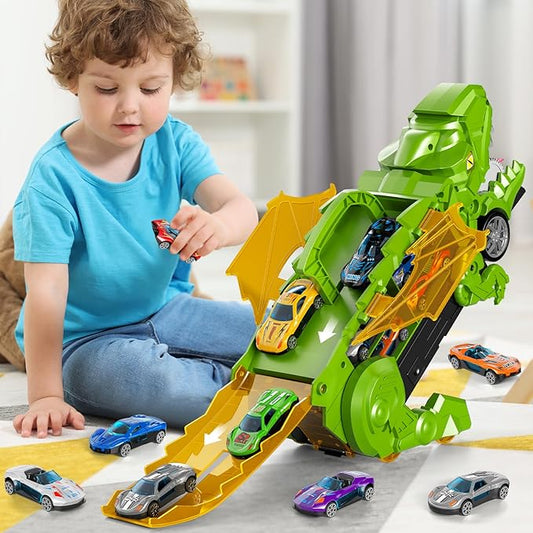 Toddler Truck Toys for 3 4 5 6 Years Old Boys, Toys Cars Track Set Dinosaur Transporter Truck with 10 Die-Cast Car Toys, Toddler Car Toys Gift Set for Kids Boys Girls