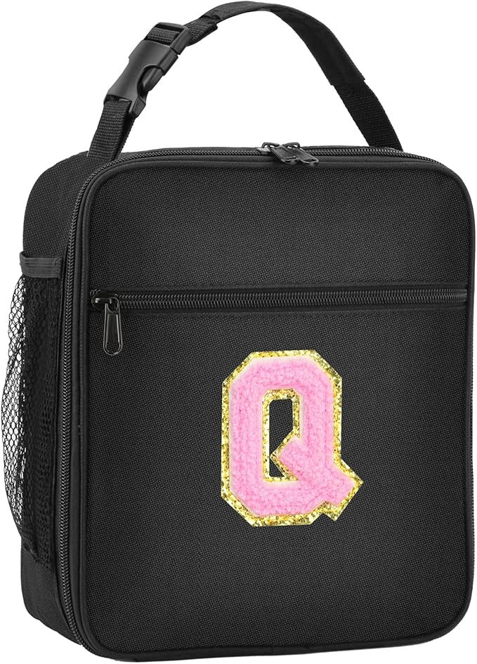 Initial Insulated Lunch Bag, Lunch Box with Initial Letter Patch for Teen Adult, Reusable Lunch Bag for Men Women, Ideal Back to School Gift Birthday Gift, Pink Q