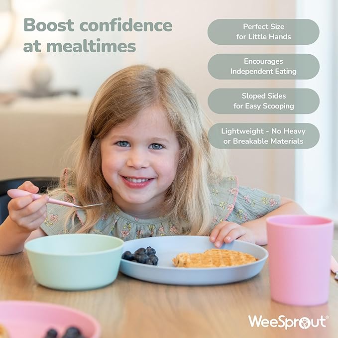 WeeSprout Bamboo Plates, Set of 4, Kid-Sized Dinnerware, Dishwasher Safe Melamine Dishware (Blue, Green, Gray, & Beige, Without Lids)