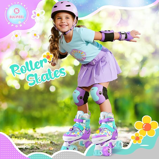SULIFEEL Rainbow Unicorn 4 Size Adjustable Light up Roller Skates for Girls Boys for Kids