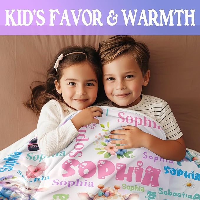 Custom Baby Girl Blanket with Name Personalized Cute Animal Blanket Customized Soft Throw Blanket for Newborn Toddler Teens Baby Shower Birthday