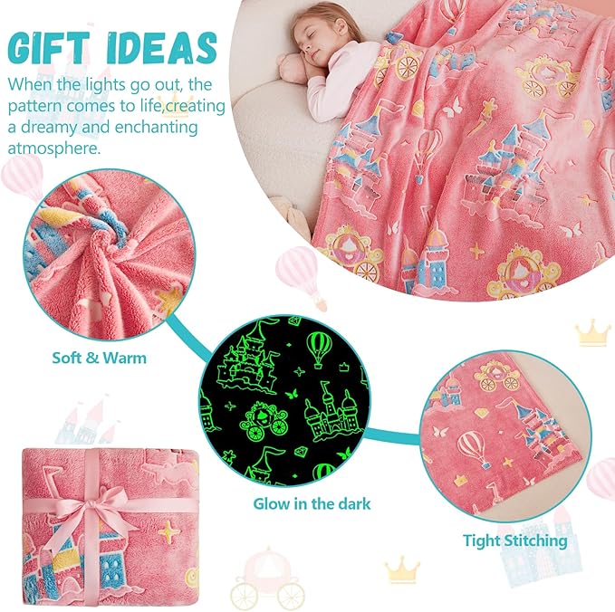 Glow in The Dark Castle Blanket,Castle Gifts Toys for Girls,Birthday Presents Decor for Kids Age 3-14 Year Old Daughter Teen Child Toddler Soft Luminous Christmas Bedroom Throw Blanket 50"x60"