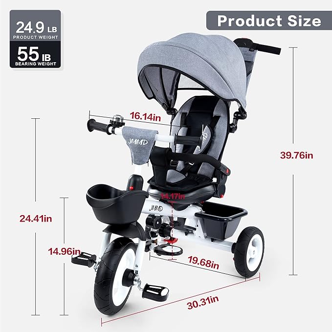 JMMD Baby Trike, 6-in-1 Kids Tricycle with Adjustable Push Handle, Removable Canopy, Safety Harness for 18 Months - 5 Year Old, Gray