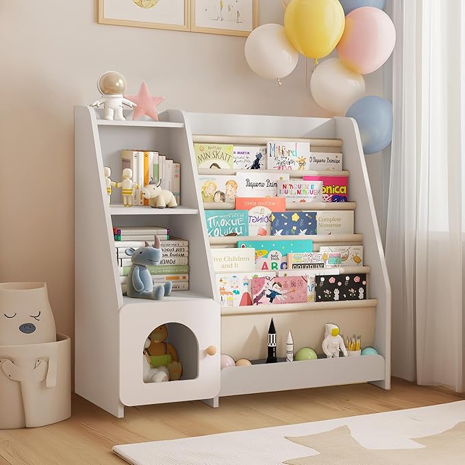 FKWin Kids Bookshelf, Kids Toy Storage Organizer, Baby Storage Book Rack, 4 Tier Kids Wooden Bookshelves, 5 Layer Sling Bookcase for Playroom, Bedroom, Living Room, Kids Room, Nursery, School(White)