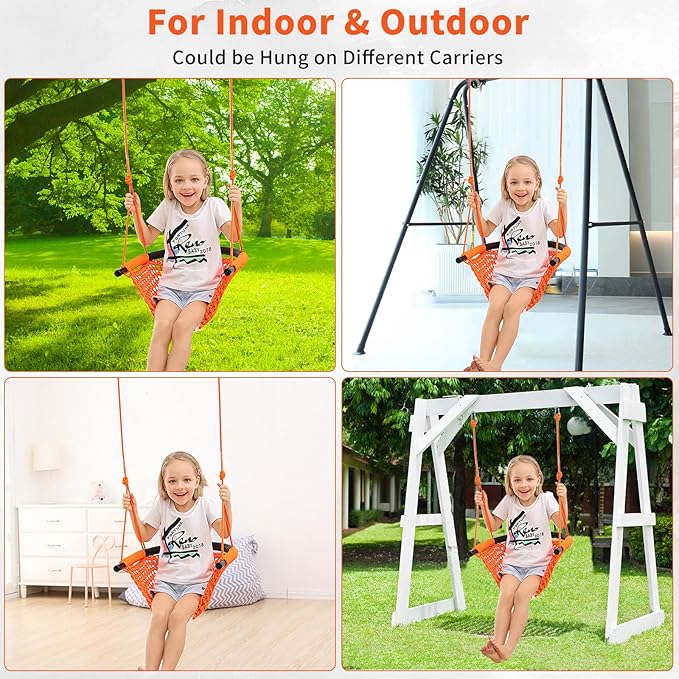 Hi-Na Kids Swing for Swing Set, Heavy Duty Rope Swings with Snap Hooks and Straps, 440LBS Capacity, Toddler Swing Seat for Indoor Porch, Outdoor Playground, Tree, Orange
