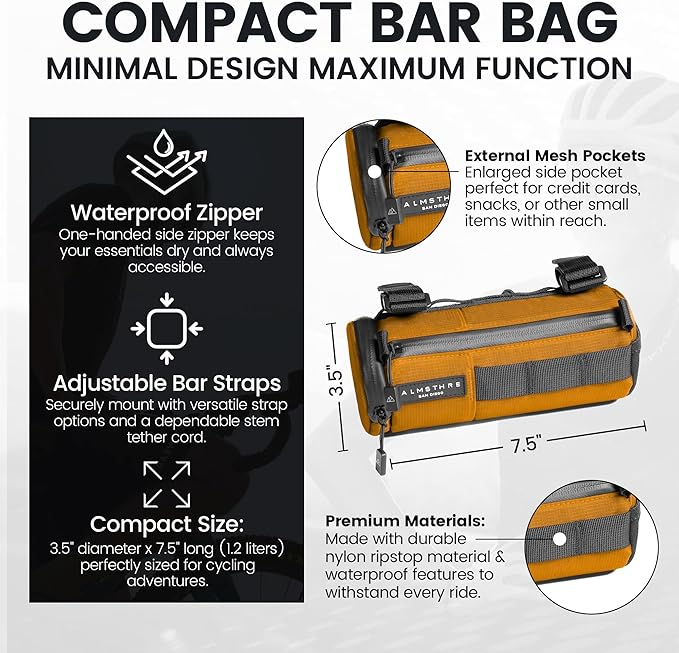 Compact Bar Bag – California Gold | Hard-Shell Bike Handlebar Bag with Waterproof Zipper & Adjustable Straps | Lightweight Bicycle Handlebar Bag, Compatible with Road, Gravel & MTB Bikes