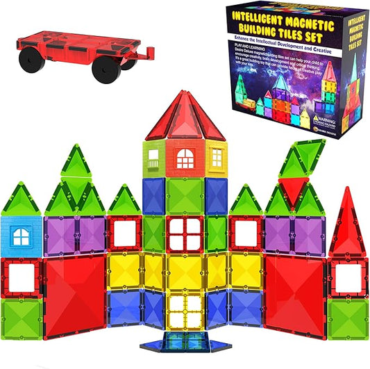 Magnetic Tiles Building Blocks Toy - STEM Educational Magnet Set for Kids, Creativity Preschool Learning Sensory Montessori Toddler Toys for Boys & Girls 3+ Years Old - 57PC