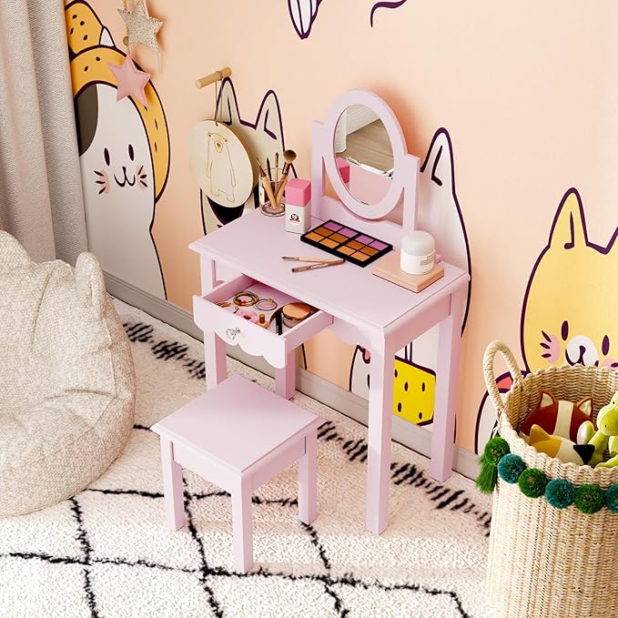 HLR Kids Vanity, Girls Vanity Set with Mirror and Stool, Wooden 2 in 1 Princess Makeup Desk Dressing Table with Detachable Top, Toddler Vanity Dresser Set with Drawer for Little Girls, Pink