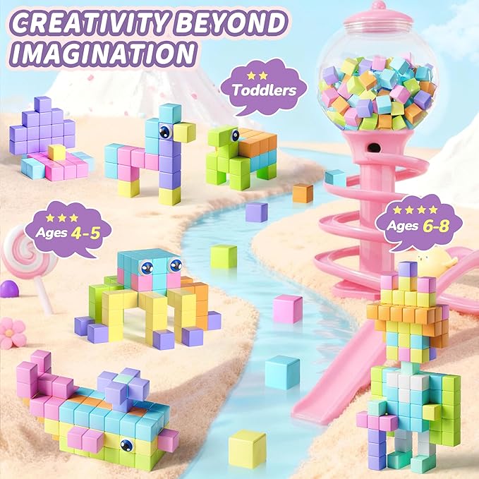 116PCS Magnetic Blocks with Magnet Eyes Toy, Magnetic Building Blocks with Storage Bag for Kids Gifts, STEM Preschool Sensory Magnetic Cubes for Toodlers Boys Girls Ages 3 4 5 6 7 8, Macaron Color
