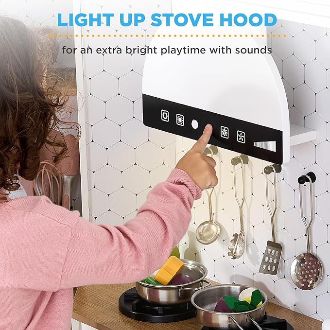 Best Choice Products Pretend Play Corner Kitchen, Ultimate Interactive Wooden Kids Playset w/Lights & Sounds, Ice Maker, Hood - Farmhouse White