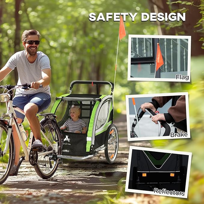 Aosom 2-in-1 Walk/Ride Child Baby Bike Trailer for Kids 2 Seater, High-Visibility Bike Stroller for Toddler Wagon, Weather-Strong Double Bicycle Trailer Accessory for Kids