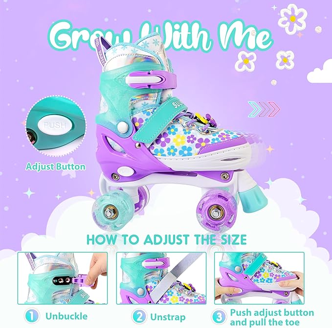 SULIFEEL Rainbow Unicorn 4 Size Adjustable Light up Roller Skates for Girls Boys for Kids