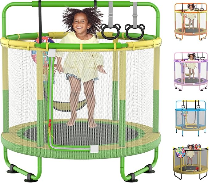 LANGXUN 60" Trampoline for Kids, 5ft Toddler Mini 6-in-1 Trampoline Indoor Outdoor with Swing, Basketball Hoop, Dart Board, Rings, Christmas Toys Birthday Gifts for Girls Boys