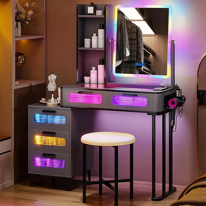 HNEBC Vanity with LED Mirror, Glass Top Dresser with Wireless Charging Station for Bedroom, Small Makeup Desk with 6 Drawers, Girls Dressing Table with Auto RGB Lighted for Christmas (5078-Grey)