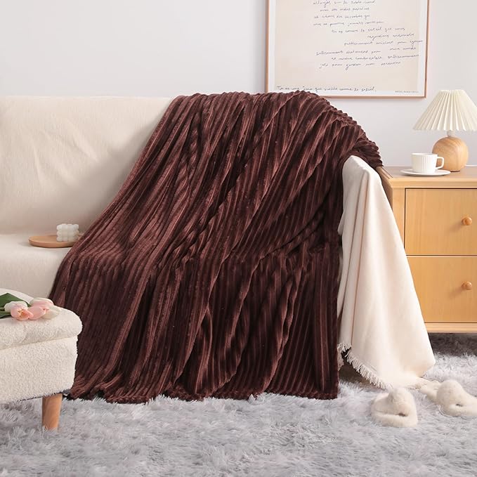 NTBAY Plush Flannel Twin Bed Blanket, 60x80 Inches Soft and Warm Lightweight Bed Blanket with Striped Texture for Couch, Sofa, All Seasons, Brown