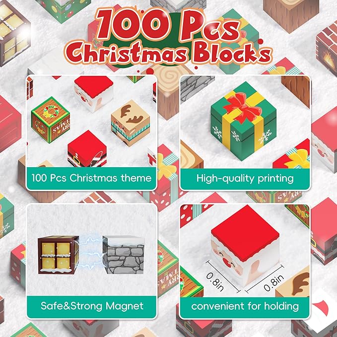 Magnetic Blocks, 100PCS Magnetic Building Block Cubes, STEM Montessori Sensory Toys for Kids Boys Girls Ages 3 4 5 6 7 8 9 10 (Christmas Version)