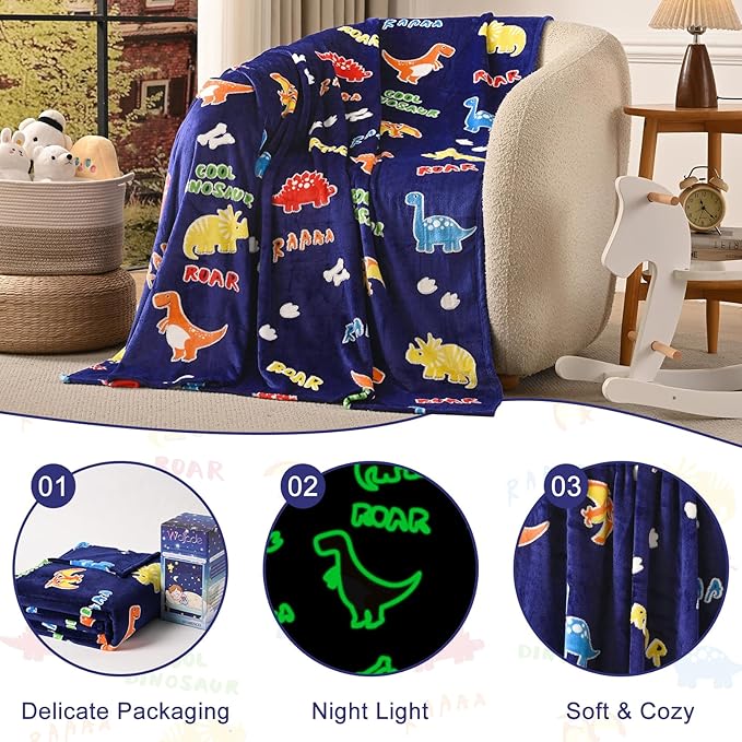 Dinosaur Glow in The Dark Blanket Dinosaur Toys Gifts for Boys Girls 1 2 3 4 5 6 7 8 9 10 11 12 Year Old Kids Blanket with Dino Soft Fleece Bed Couch Throw Home Decor (Navy Blue 50"x60")