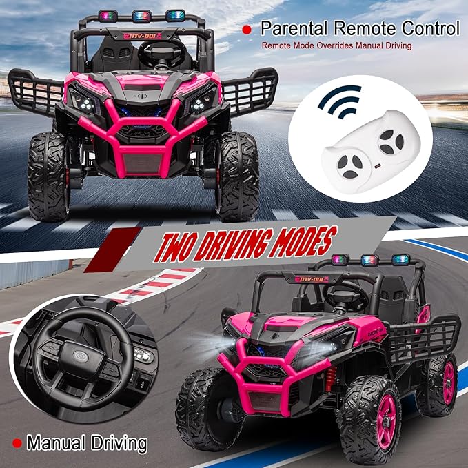 24V Ride On Car for Kids, 2 Seater Ride On UTV, Battery Powered Kids Electric Car with Remote Control, 4WD Side by Side Ride On Truck w/Bluetooth, Rose Pink